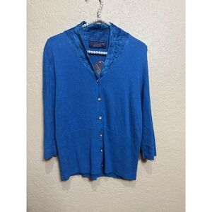 NWT VTG Catherine Stewart Belle Pointe Cardigan Sweater SILK Wool Blend Blue L
